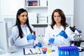 Two beautiful young female scientists working in laboratory with test tubes doing some research Royalty Free Stock Photo