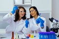 Two beautiful young female scientists working in laboratory with test tubes doing some research Royalty Free Stock Photo