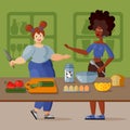 Two beautiful young girlfriends cook healthy breakfast in the kitchen together. Cartoon illustration