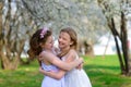 Beautiful young girls with blue eyes in a white dresses in the garden with apple trees blosoming having fun and enjoying smell of Royalty Free Stock Photo