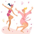 Two beautiful young girls having fun in pajamas. Young women, girls, teenagers have fun together. Cozy Pajama party vector cartoon