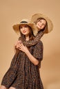 Two beautiful young girls sisters in nice animal pattern dresses with straw hats posing in studio Royalty Free Stock Photo