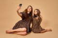 Two beautiful young girls sisters take selfies in nice animal pattern dresses with straw hats posing in studio Royalty Free Stock Photo