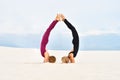 Two beautiful young women doing stand on the forearms together