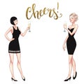 Two beautiful young women holding champagne glasses. Twenties retro party pin-up flapper girls in black dresses. Vector comic Royalty Free Stock Photo