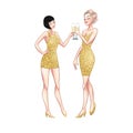 Two beautiful young women holding champagne glasses. Twenties retro party pin-up flapper girls in gold glitter dresses. Vector Royalty Free Stock Photo