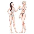 Two beautiful young women in swimsuit holding champagne glasses. Beach party pin-up girls, summer holidays. Vector comic Royalty Free Stock Photo