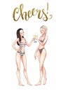 Two beautiful young women in swimsuit holding champagne glasses. Beach party pin-up girls, summer holidays. Vector comic Royalty Free Stock Photo