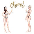 Two beautiful young women in swimsuit holding champagne glasses. Beach party pin-up girls, summer holidays. Vector comic Royalty Free Stock Photo