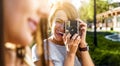 Two beautiful young women using a vintage camera