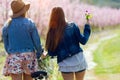 Two beautiful young women with a vintage bike in the field. Royalty Free Stock Photo