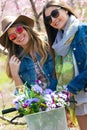 Two beautiful young women with a vintage bike in the field. Royalty Free Stock Photo