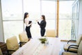 Two beauty Businesswomen having job discussing in office room against panoramic windows Royalty Free Stock Photo