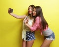 Two beauty hipster girls with a microphone take selfi Royalty Free Stock Photo