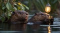 Two Beavers Enjoying a Night Snack by the Lake Under the Glowing Light Royalty Free Stock Photo