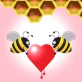 Two Bee Carrying Heart Back To The Honeycomb. Vector Illustration