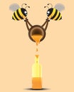 Two Bee Help Pour Honey To The Bottle. Vector Illustration