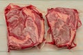 Two beef steaks in a vacuum pack on a wooden background. Beef