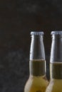 Two beer bottles on dark background with copy space