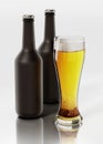 Two beer bottles and a glass of beer isolated on white background. 3D illustration Royalty Free Stock Photo