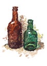 Two beer bottles. Watercolor picture. Royalty Free Stock Photo