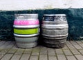 Two beer kegs sitting outside a pub Royalty Free Stock Photo