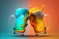 Two beer mugs clashing on colored background, created with Generative AI technology