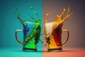 Two beer mugs clashing on colored background, created with Generative AI technology