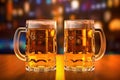 Two beer mugs of fresh and cold beer on brewery background. Generative AI
