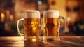 Two beer mugs of fresh and cold beer on brewery background. Generative AI