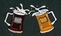 Two Beer Mugs With Light and Dark Beer. Clink with Splash. on a Black Chalkboard Background. Realistic Doodle Royalty Free Stock Photo