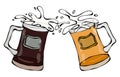 Two Beer Mugs With Light and Dark Beer. Clink with Splash. Isolated On a White Background. Realistic Doodle Cartoon Style Hand Dra Royalty Free Stock Photo