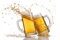 Two Beer Mugs Toasting With Splashes isolated on a white Background - generated by ai Royalty Free Stock Photo