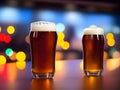 two beer mugs on wooden table in a pub with blurred background, Ai generated Royalty Free Stock Photo