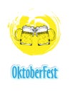 Two beer mugs on yellow brush stroke with sticker style text Oktober Fest, for festival celebration template flyer design.