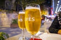 Two beers at an outdoor table of a cafe in Istanbul Turkey Royalty Free Stock Photo