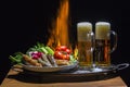 Two beers and sausages with flame on background Royalty Free Stock Photo