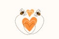 Two bees flying to meet each other along the way in the shape of a heart. Vector illustration bumble bee fall in love