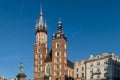 The two bell towers of the beautiful Saint Mary`s Church in Krakow, Poland on a beautiful sunny day with blue sky Royalty Free Stock Photo