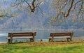 Two benches, idyllic lake schliersee Royalty Free Stock Photo