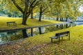 Two benches in a park with a small stream