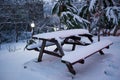 Snow covered picnic table and benches during winter Royalty Free Stock Photo