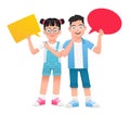 Two bespectacled boys and a girl are holding empty speech bubbles in their hands.