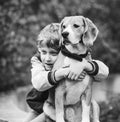 Two best freinds portrait - little boy hugs beagle dog Royalty Free Stock Photo