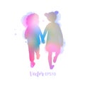 Two best friends girls holding hands walking together. Friendship. Vector illustration