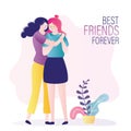 Two best friends hugging. Female characters with smiles on faces. Happy women holding each other Royalty Free Stock Photo