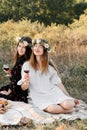 Two best friends on picnic in the field laying on the laid smiling