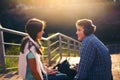 Two best friends sit in the stair outdoor Royalty Free Stock Photo