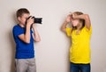 Two best friends teens making photo on their camera at home, having fun together, joy and happiness Royalty Free Stock Photo