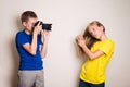 Two best friends teens making photo on their camera at home, having fun together, joy and happiness Royalty Free Stock Photo